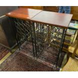 A pair of contemporary hardwood topped wrought iron wine tables, width 50cm, depth 40cm, height