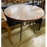 A teak top circular table with metal underframe, diameter 91cm, height 74cm