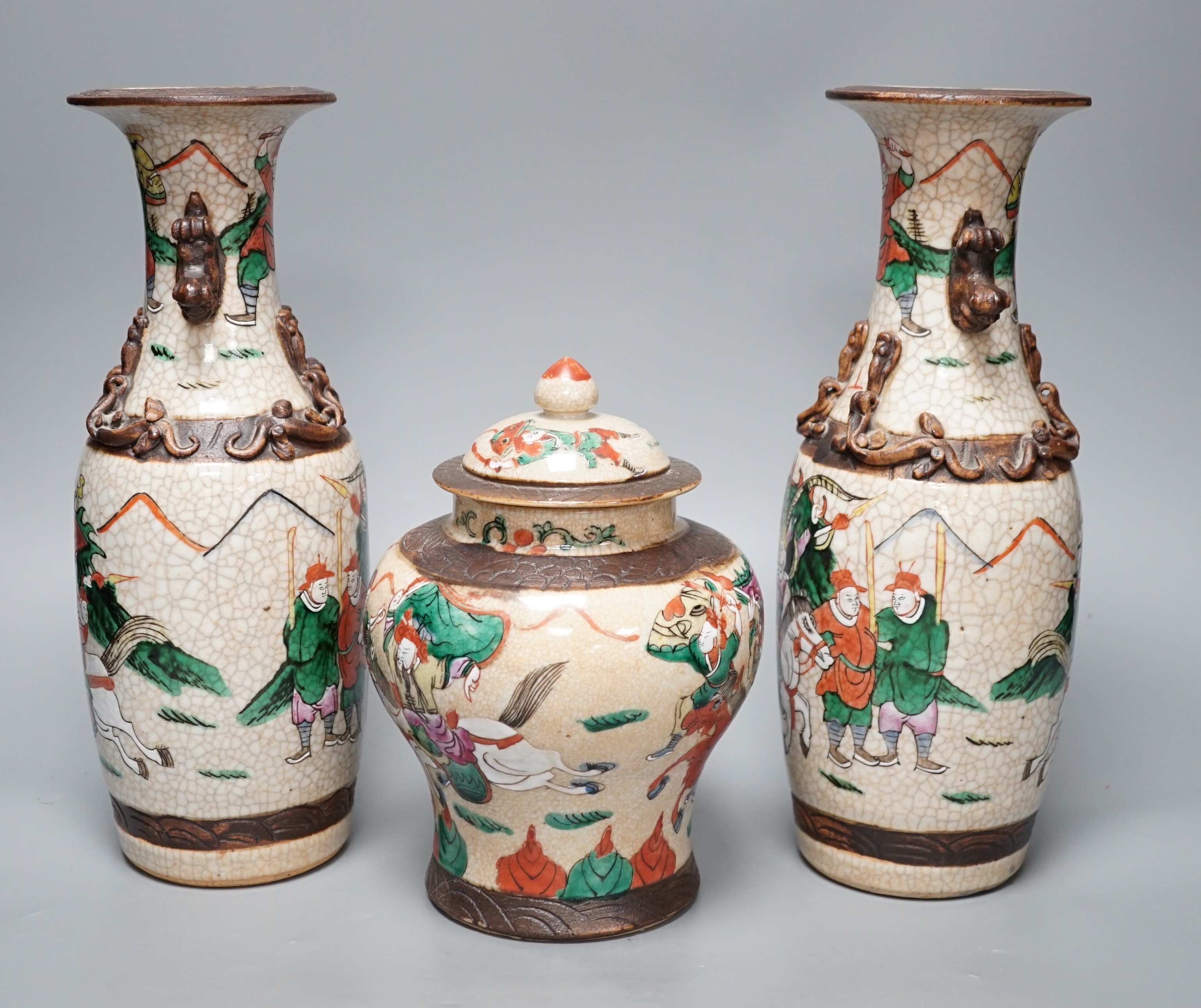 A pair of late 19th century Chinese crackle glaze vases and a similar vase and cover, tallest 29. - Image 4 of 6