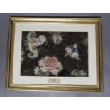 Framed floral silk embroidery, the mount dated 1867