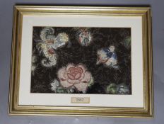 Framed floral silk embroidery, the mount dated 1867
