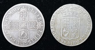 A Queen Anne silver halfcrown, 1707 E, SEXTO edge, about Fine and a William & Mary silver