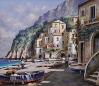 Italian School, oil on canvas, Coastal scene, indistinctly signed, 34 x 39cm