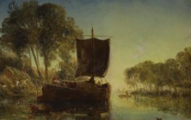 William Joseph Julius Caesar Bond (1833-1926), oil on wooden panel, River landscape with sail barge,