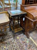 A 19th century French marquetry inlaid tiled top occasional table, painted with a storm shipping