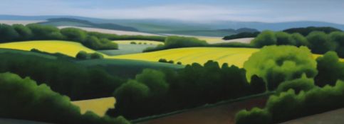 Jenny Graham (b.1946), oil on canvas, 'Yellow Fields', signed, 40 x 98cm