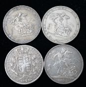 Three Georgian crowns, two 1819, F/VF, 1821, VG and a Victoria crown 1845, VG