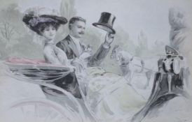 An Edwardian hand tinted print of figures in a carriage, in ornate gilt frame, 9 x 13.5cm