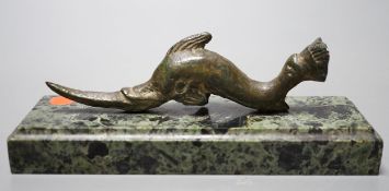 A Roman or later bronze dolphin, mounted as a paperweight on serpentine marble base, 16cm long