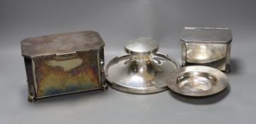 A silver capstan inkwell together with a silver Armada dish, a plated Mappin & Webb box and