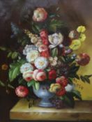 J. Hamilton, oil on canvas, Still life of flowers in a vase upon a ledge, 100 x 75cm