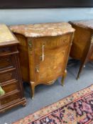 A Louis XVI style marquetry inlaid kingwood marble top serpentine cabinet, width 67cm, depth 35cm,