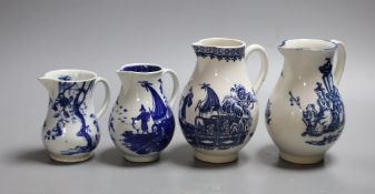 Four late 18th century Worcester blue and white sparrow beak jugs, tallest 12cm