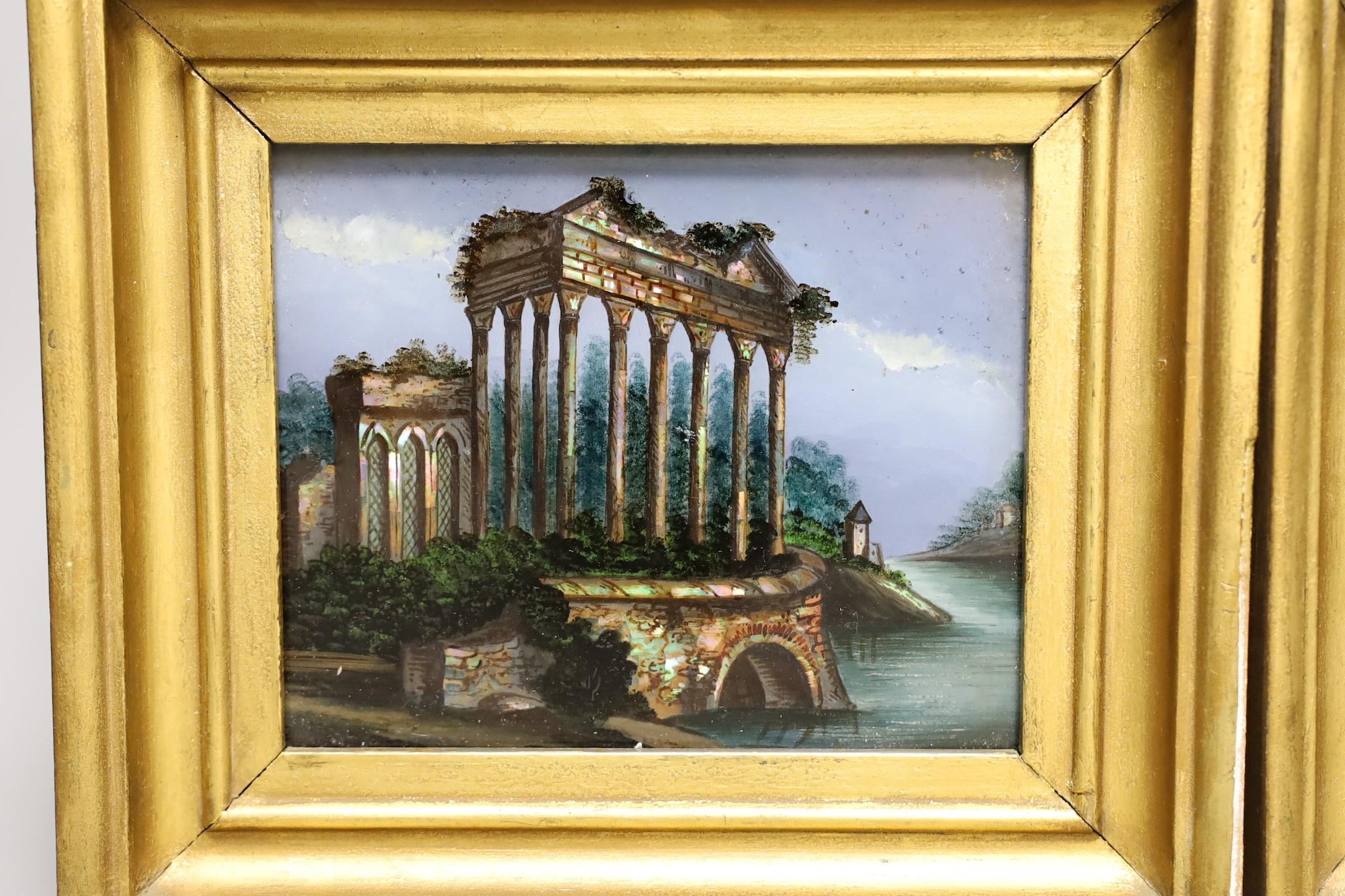 A pair of framed late 19th century reverse glass paintings of Italianate views, 22x25 including - Image 2 of 3