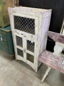 A provincial painted wood side cabinet with leaded glazed doors, width 64cm, depth 36cm, height