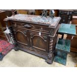 A 19th century French marble topped walnut buffet, length 130cm, depth 57cm, height 108cm