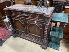 A 19th century French marble topped walnut buffet, length 130cm, depth 57cm, height 108cm