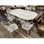 A Victorian style painted cast aluminium garden table, length 180cm, width 90cm, height 72cm and
