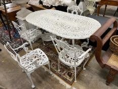 A Victorian style painted cast aluminium garden table, length 180cm, width 90cm, height 72cm and