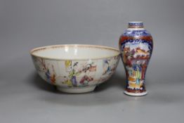 An 18th century Chinese export famille rose bowl and a similar mandarin pattern vase, bowl 26cm