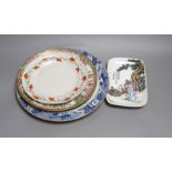 Four 18th / 19th century Chinese plates, and a later dish, largest plate 29cms diameter