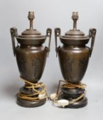 A pair of bronze Greek revival vase lamps. 43.5cm high