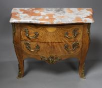 A miniature Louis XV style kingwood and marquetry marble topped serpentine commode, 35cm wide