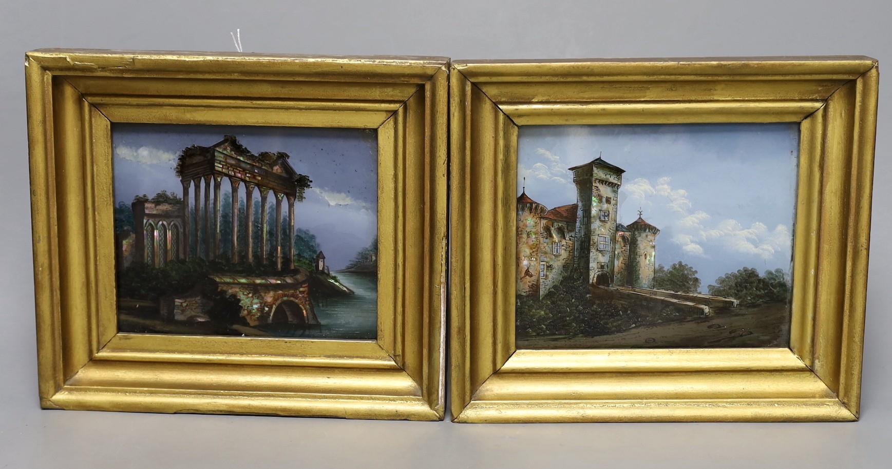 A pair of framed late 19th century reverse glass paintings of Italianate views, 22x25 including