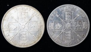 Two Victoria double florins, 1887 EF and 1889, inverted 1 for I in Victoria, cleaned, edge knocks,