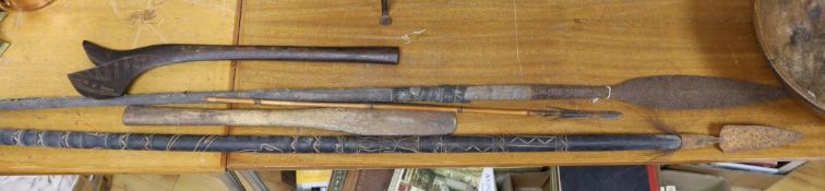 Tribal weaponry - two spears, two clubs and an arrow, longest 236cm