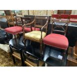 Four Regency brass inlaid mahogany dining chairs one with arms, together with a Regency caned seat