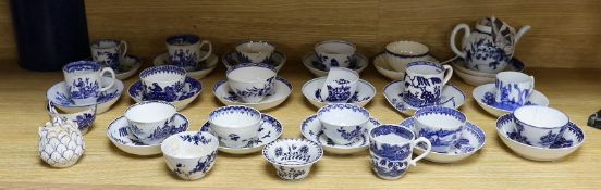 A large group of 18th century Worcester, Caughley and Liverpool blue and white tea bowls, coffee