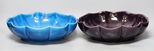 A Chinese blue crackle-glaze fluted bowl, together with another similar in purple. 28cm diameter