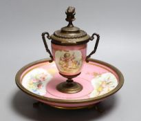 A Sevres style pink ground porcelain and gilt metal mounted inkwell, 18cm tall