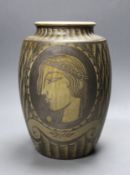 A possibly unique Royal Doulton Lambeth stoneware silver lustre vase, c.1936, painted with Greek