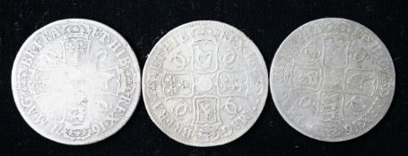 Three Charles II silver crowns, 1670, about Fine, 1677, near Fine, and 1671, VG