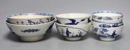 A group of late 18th century Liverpool porcelain blue and white bowls, largest 21 cm, Worcester