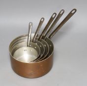 A set of 5 French graduated copper pans