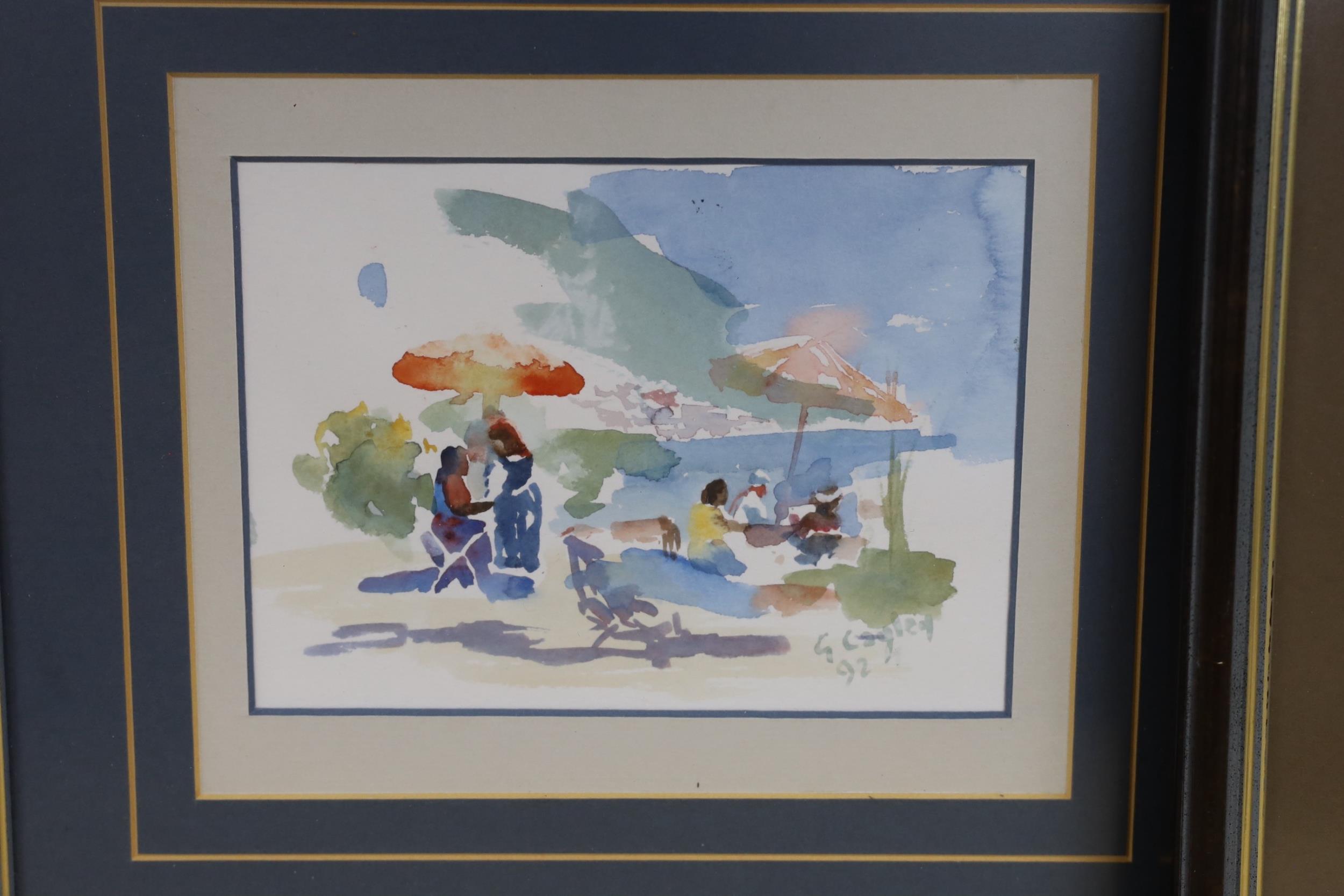 Granville Cayley, three watercolours, Carribbean beach scene, Thames view and View of a memorial, - Image 4 of 4