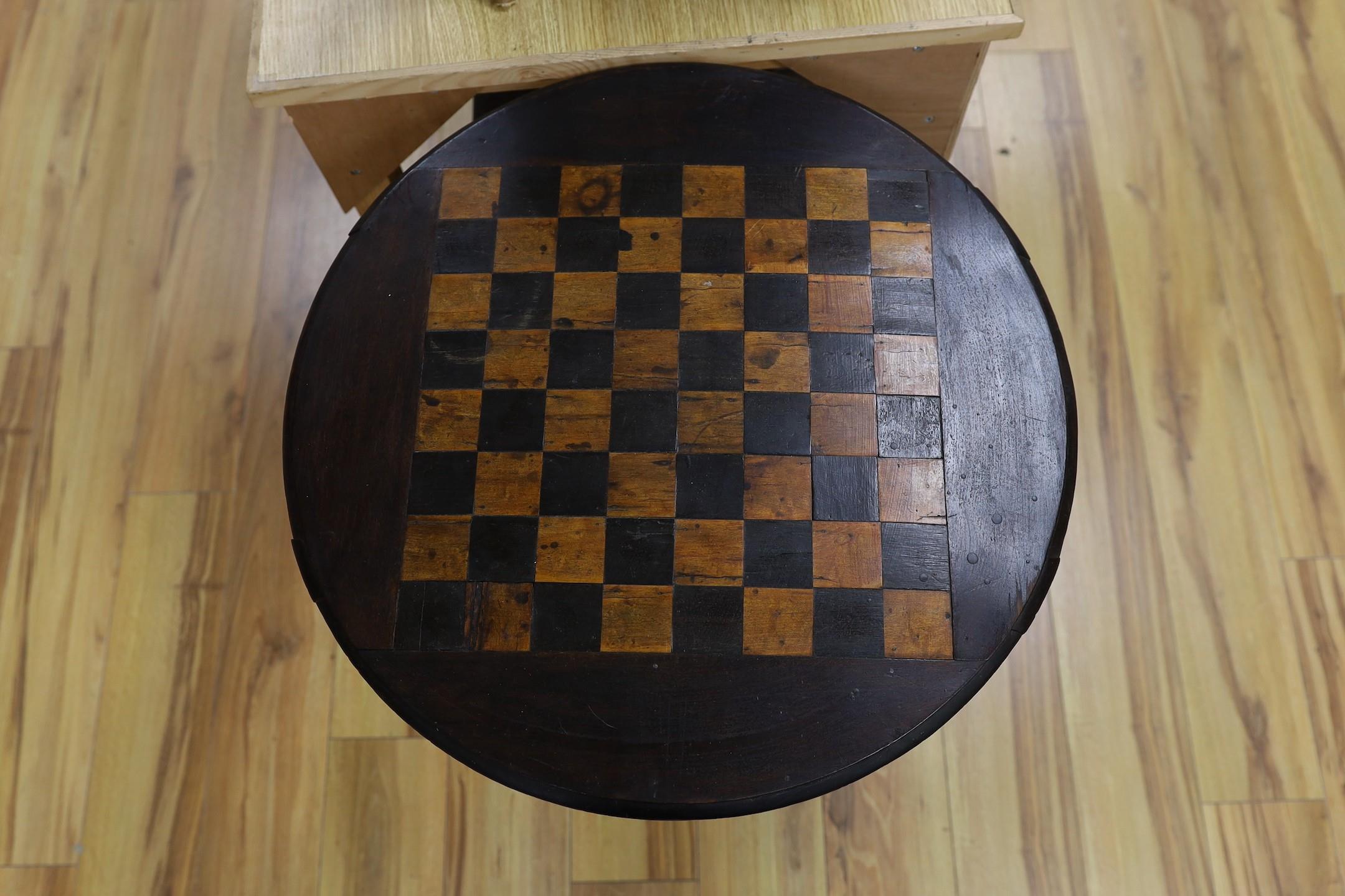 A stained pine inlaid chessboard top table, 75cm high, 56cm diameter and a set of Staunton chess - Image 2 of 3