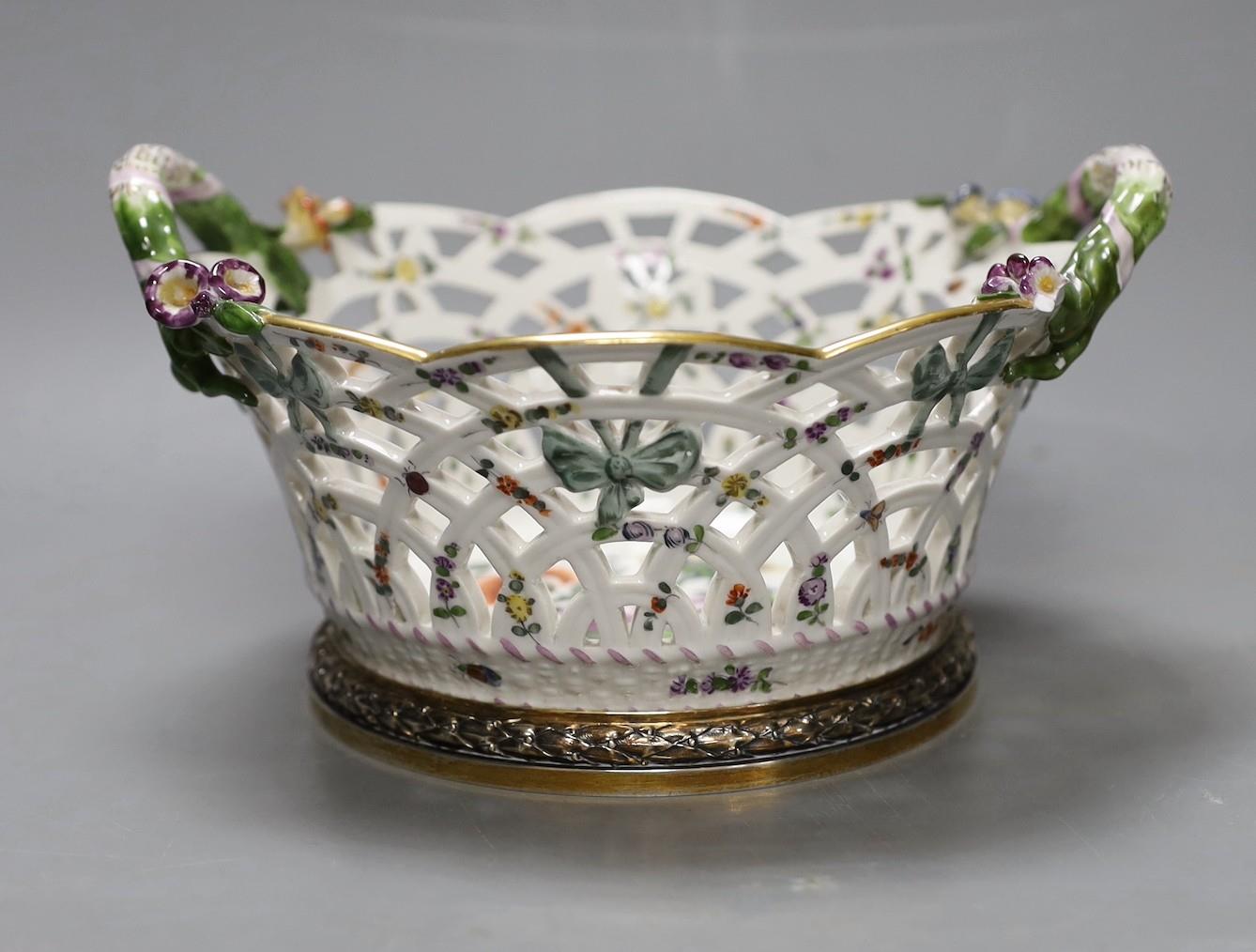 A two handled German silver mounted circular floral Berlin porcelain basket. 10cm high