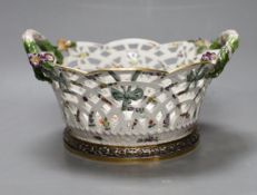 A two handled German silver mounted circular floral Berlin porcelain basket. 10cm high