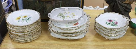 A Victorian porcelain botanical dessert service, possibly Ridgway and Bavarian porcelain tureen