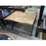 A Victorian style painted cast metal and oak rectangular garden table, width 100cm, height 67cm