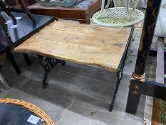 A Victorian style painted cast metal and oak rectangular garden table, width 100cm, height 67cm