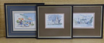 Granville Cayley, three watercolours, Carribbean beach scene, Thames view and View of a memorial,