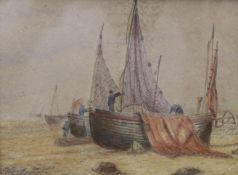 After Birkett Foster, watercolour, Fishing boats on the beach, bears monogram, 14 x 19cm