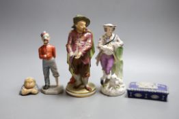 A Crown Derby figure, 19.5cm, a Royal Worcester figure of an amputee, a continental porcelain group,