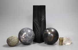 A Japanese antimony vase, 22cm high, and two marble balls