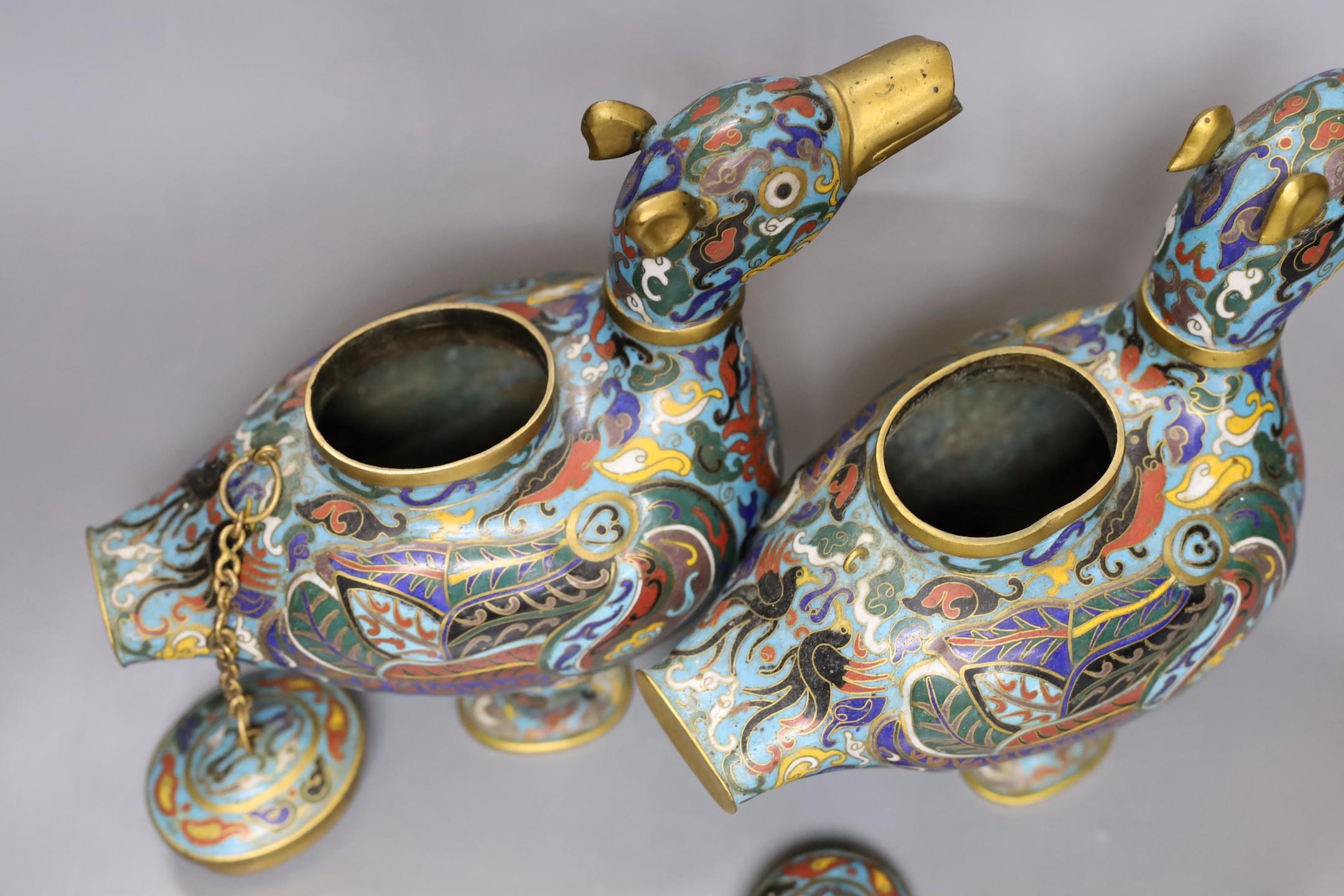 A pair of 20th century Chinese cloisonné enamel ‘duck’ vessels, 20cm - Image 3 of 3